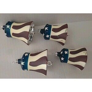 Set 4 BRADFORD Christmas Trimmeries Glass Ornaments Bells Red White Blue 3"